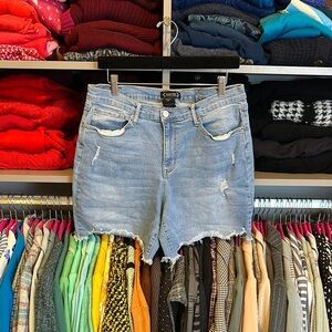 Nanette Lepore blue raw hem distressed Belle high rise jean shorts size 14